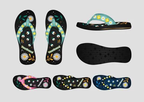Floral Daisy Pattern Flip Flops Vector Tech Pack With Colorways Set Tech Pack Illustrazione stock