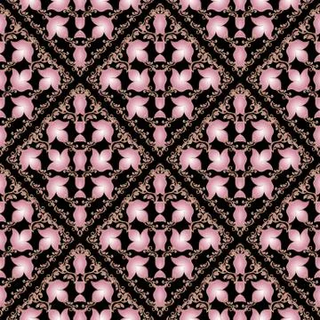 Floral damask seamless pattern. Vector black background with 3d pink baroque  Stock Illustration