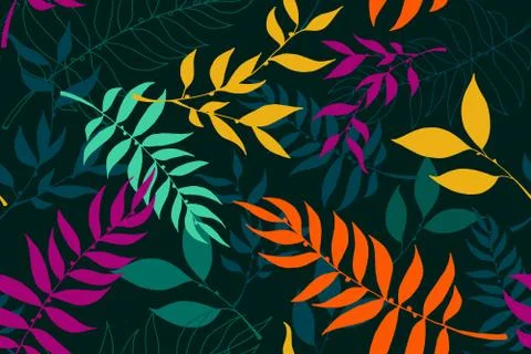 Floral dark background. Leaves pattern. Green, yellow and orange leaves. Stock Illustration