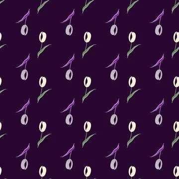 Floral dark seamless pattern with decorative tulip flowers silhouettes. Purpl Stock Illustration