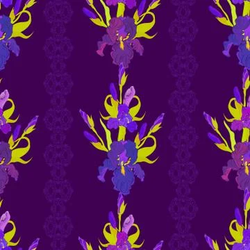 Floral dark seamless pattern. Flower iris background. Stock Illustration