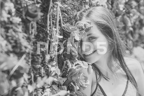 Floral decor with young girl, spring Stock Photos