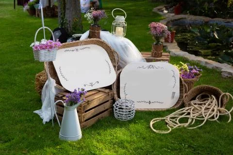 Floral decoration and rustic objects with copy space to write text. Stock Photos