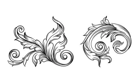 Floral decorative design elements set, hand drawn leaves, classic decor element Stock Illustration