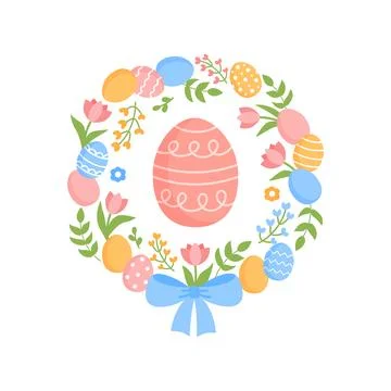 Floral decorative Easter wreath with Easter egg inside. Stock-Illustration