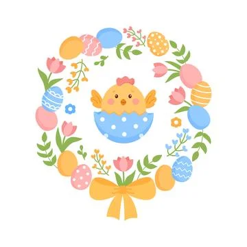 Floral decorative Easter wreath with Easter chick 스톡 일러스트