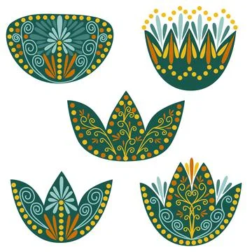 Floral design elements set. Abstract folk style flowers with geometric shap.. イラスト素材