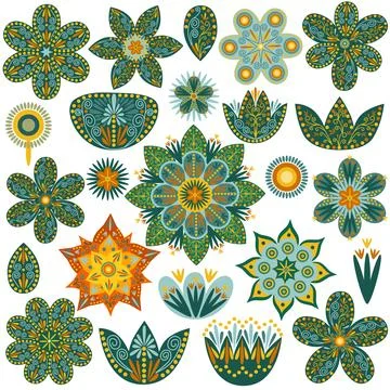 Floral design elements set. Abstract folk style flowers with geometric shap.. Stockillustratie