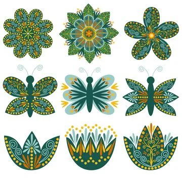 Floral design elements set. Abstract folk style flowers with geometric shap.. 스톡 일러스트