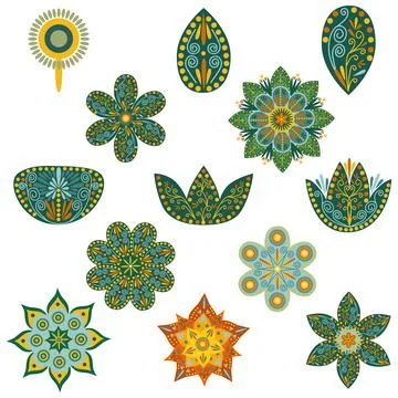 Floral design elements set. Abstract folk style flowers with geometric shap.. イラスト素材
