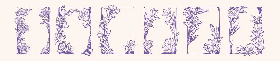 Floral doodle frame set, vector hand drawn whimsical flower border Stock-Illustration
