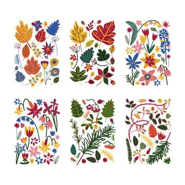 Floral Doodle Rectangular Shape with Colorful Flowers Vector Set Stock Illustration