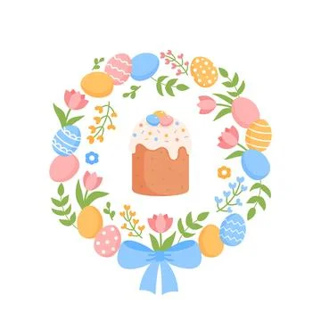 Floral easater wreath with Easter cake isolated on white background. Stock Illustration