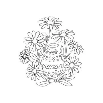 Floral Easter Egg With Daisy Flowers Spring Botanical Line Art Stock Illustration