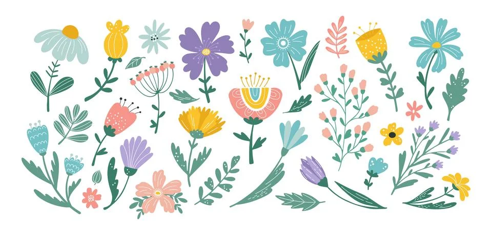 Floral Easter pattern, flowers and leaves isolated elements. Summer or spring Illustrazione stock