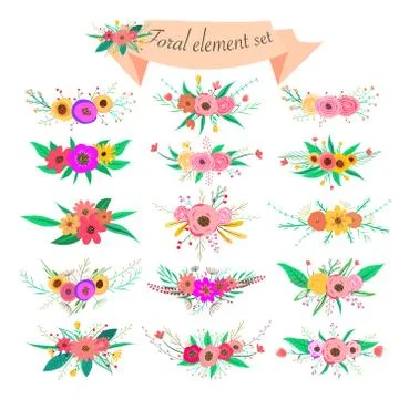 Floral element set. Vector decorative flower and leaf. Spring elements. Stock Illustration