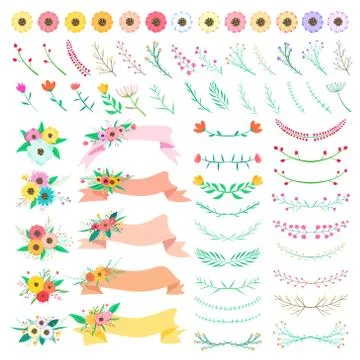 Floral element set. Vector decorative flower and leaf. Spring elements. Stock Illustration