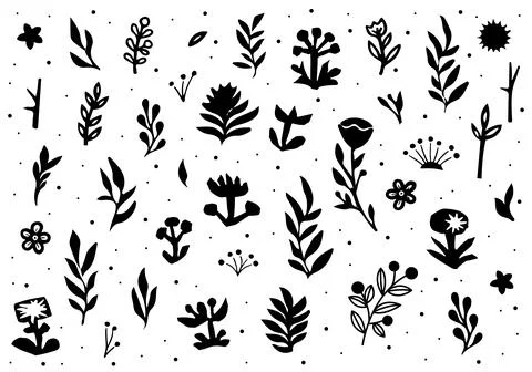 Floral Elements. Hand sketched vector vintage elements. Linocut style Stock Illustration
