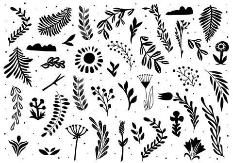 Floral Elements. Hand sketched vector vintage elements. Linocut style Stock Illustration