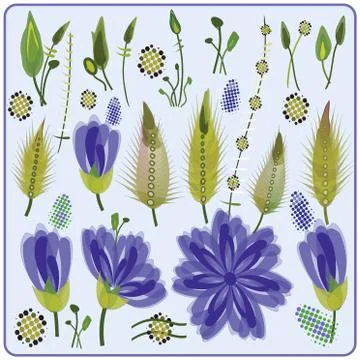 Floral Elements Set with Pink Peony Flowers, Leaves and Buds. Hand Drawn Bota Stock Illustration