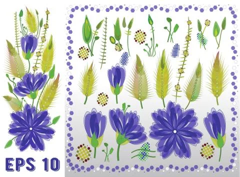 Floral Elements Set with Violet Daisy Type Flowers, Leaves and Buds. Vector D Illustrazione stock