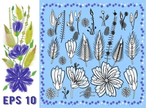 Floral Elements Set with Violet Daisy Type Flowers, Leaves and Buds. Vector D Stock Illustration