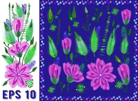 Floral Elements Set with Violet Daisy Type Flowers, Leaves and Buds. Vector D Illustrazione stock