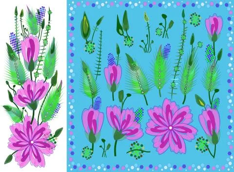 Floral Elements Set with Violet Daisy Type Flowers, Leaves and Buds. Vector D Illustrazione stock