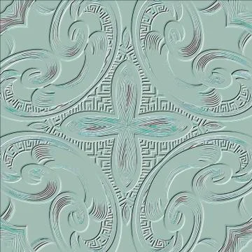 Floral embossed 3d seamless pattern. Vector vintage textured background. Repe Stock Illustration