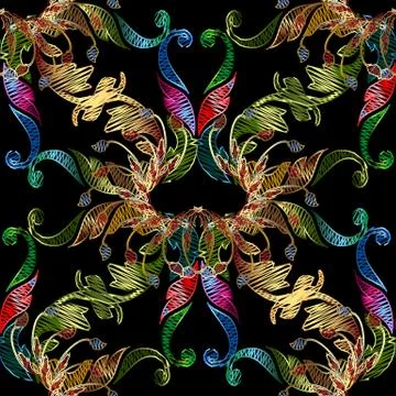 Floral embroidery vector seamless pattern. Abstract tapestry col Stock Illustration
