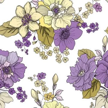 Floral engraved seamless pattern. Flower garden background Stock Illustration
