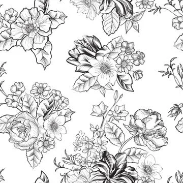 Floral engraved seamless pattern. Flower garden background Stock Illustration
