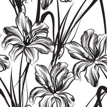 Floral engraved seamless pattern. Flower garden background Illustrazione stock