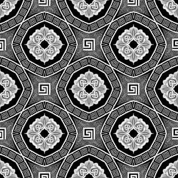 Floral ethnic seamless pattern. Vector black and white greek background. Repeat 스톡 일러스트