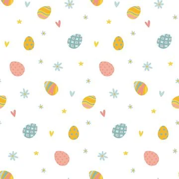 Floral festive seamless pattern with easter eggs, spring meadow flowers. Cute Stock Illustration