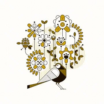 Floral flat design concept. Digital vector composition with Bird, flowers and 스톡 일러스트