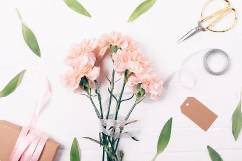 Floral flat lay composition process Stock Photos