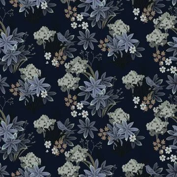 Floral foliage pattern dark blue and green background with garden flowers 스톡 일러스트