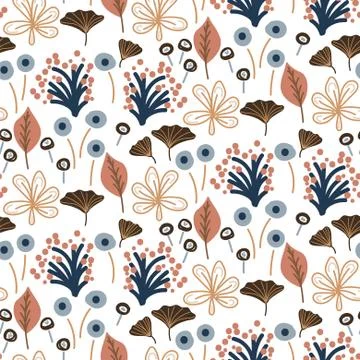 Floral foliage seamless pattern with plants and flowers. Vector brown and blue Stock Illustration