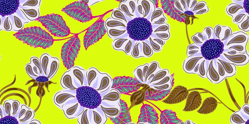 Floral folk art seamless pattern. Botanical stylized hand-drawn nature motifs Stock Illustration