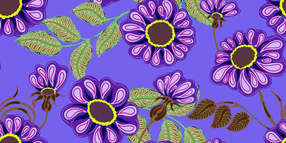 Floral folk art seamless pattern. Botanical stylized hand-drawn nature motifs Stock Illustration