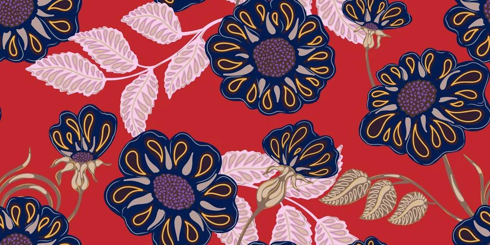 Floral folk art seamless pattern. Botanical stylized hand-drawn nature motifs Stock Illustration