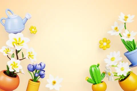Floral frame 3d background with flowers in pots and watering can. Summer banner Stock Illustration