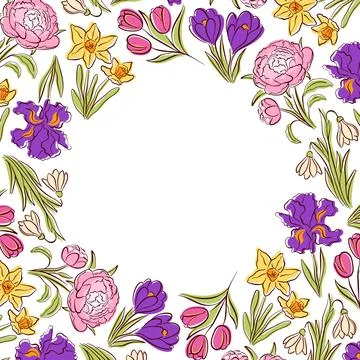 Floral frame with flat style spring flower forming a decorative border. Elegant Stock Illustration