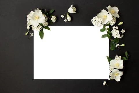 Floral frame made of different spring flowers on black background. Flowers flat Stock-Fotos