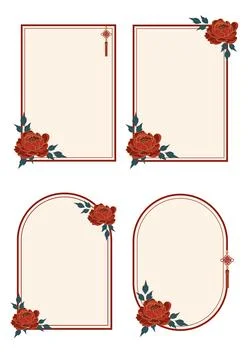 Floral frame set with red peonies Chinese style Stock Illustration