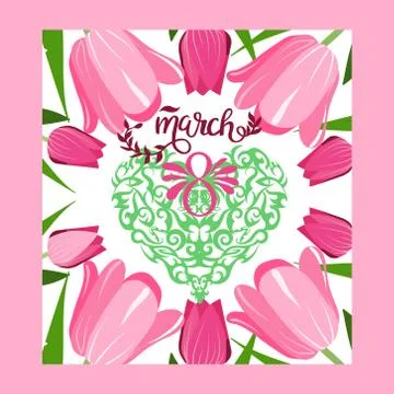 Floral frame with text 8 March floral vector greeting card. Stock Illustration