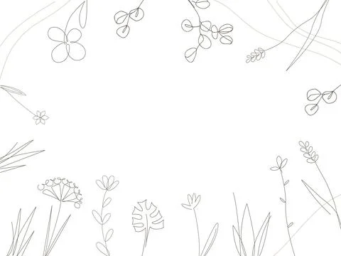 Floral frame with vector doodle hand drawn plants in continuous line style Stock Illustration