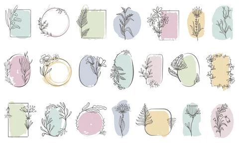 Floral frames design. Graphic hand drawn botanical wreath with flowers and Stock Illustration
