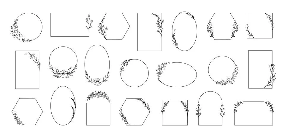 Floral frames. Minimalistic botanical borders with plant branches. Herbs and Illustrazione stock